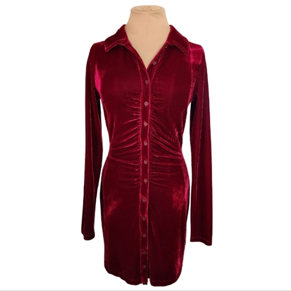 Reformation Burgundy‎ Velvet Ruched Button Front Mini Dress Size Small